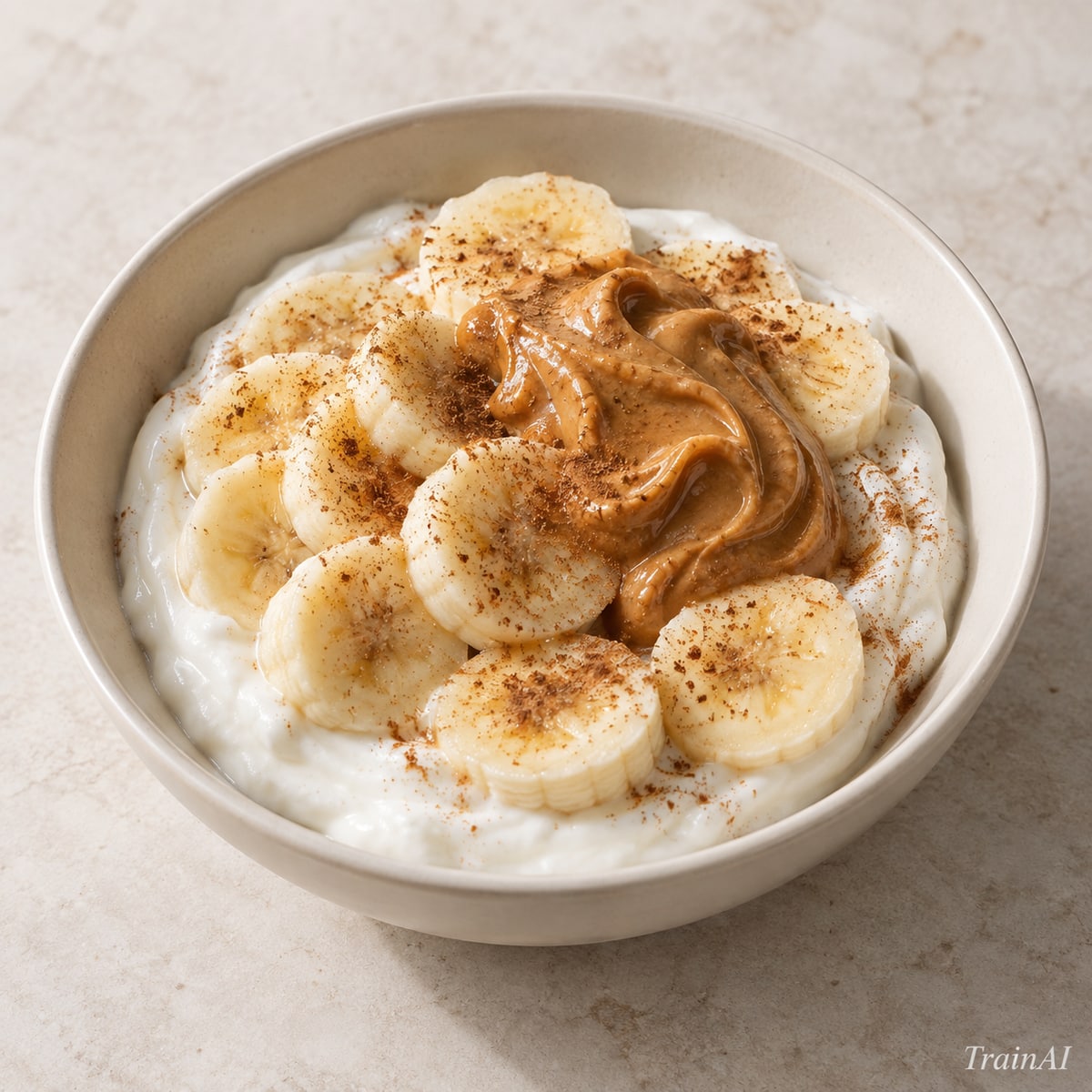 Banana Peanut Yogurt Bowl, prepared and served