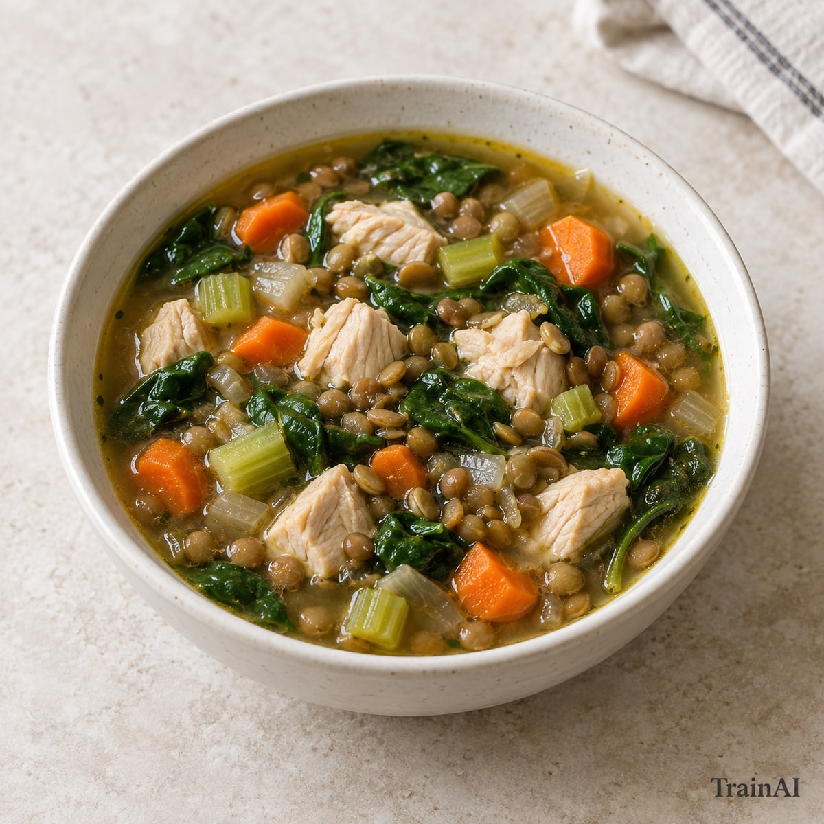 Chicken and Lentil Vegetable Soup, prepared and served