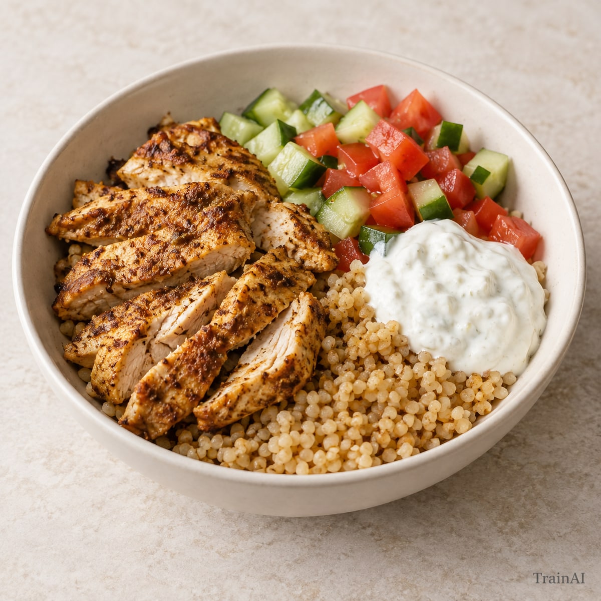Chicken Shawarma-Inspired Bulgur Bowl, prepared and served