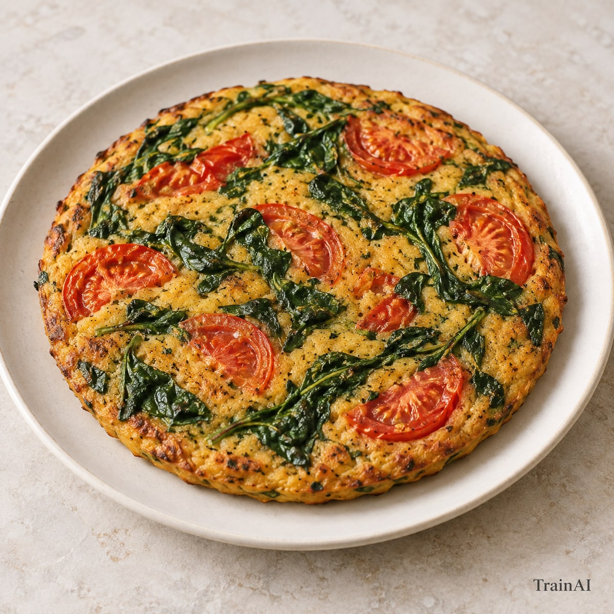Chickpea Socca with Tomato and Spinach, prepared and served
