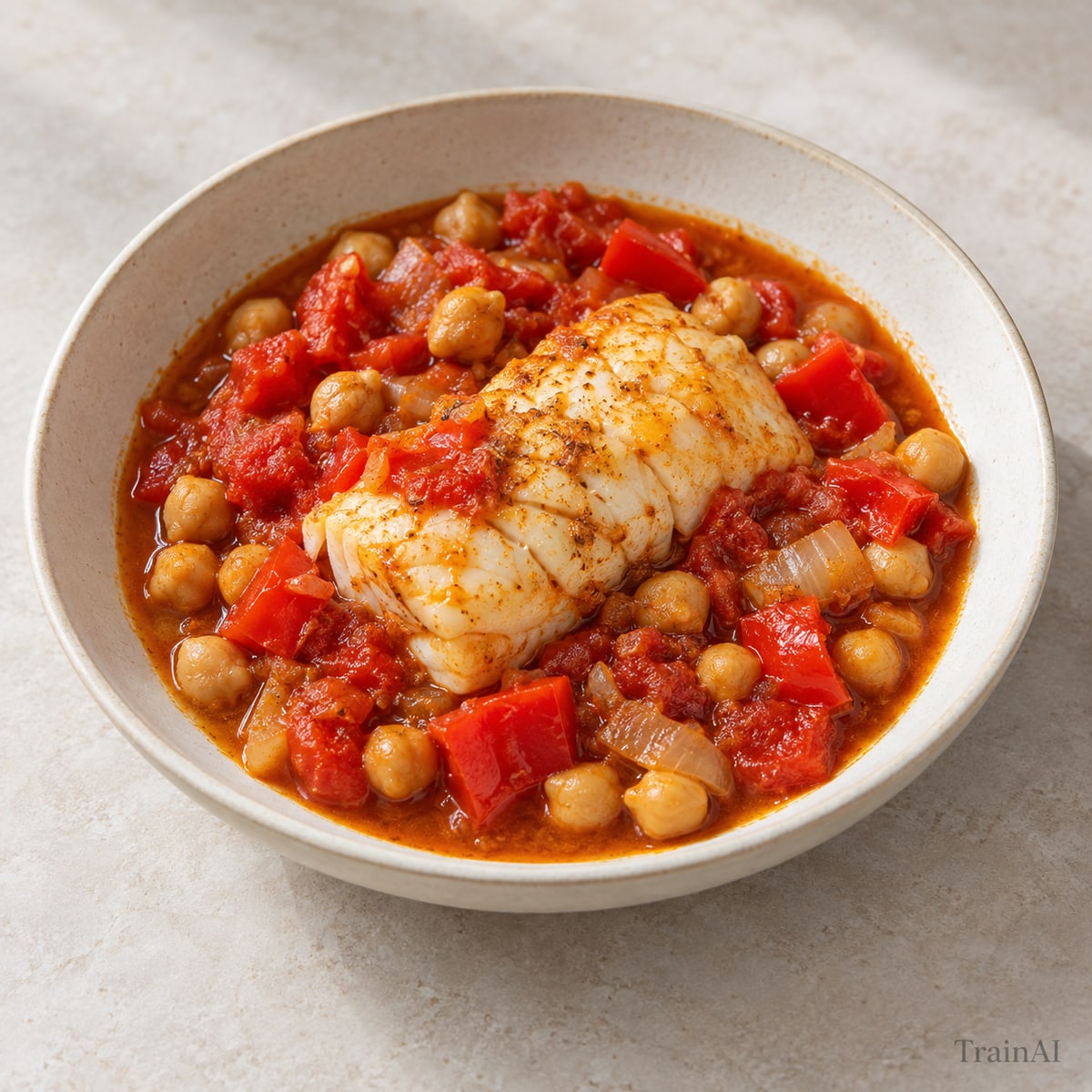 Cod and Chickpea Tomato Stew, prepared and served