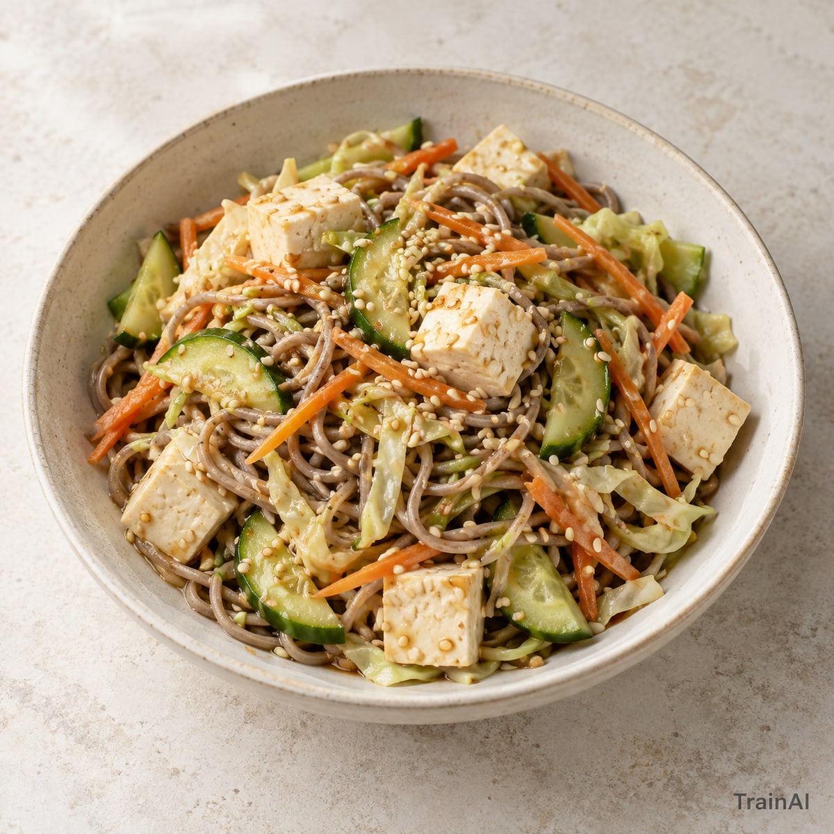 Cold Tofu Soba Vegetable Salad, prepared and served