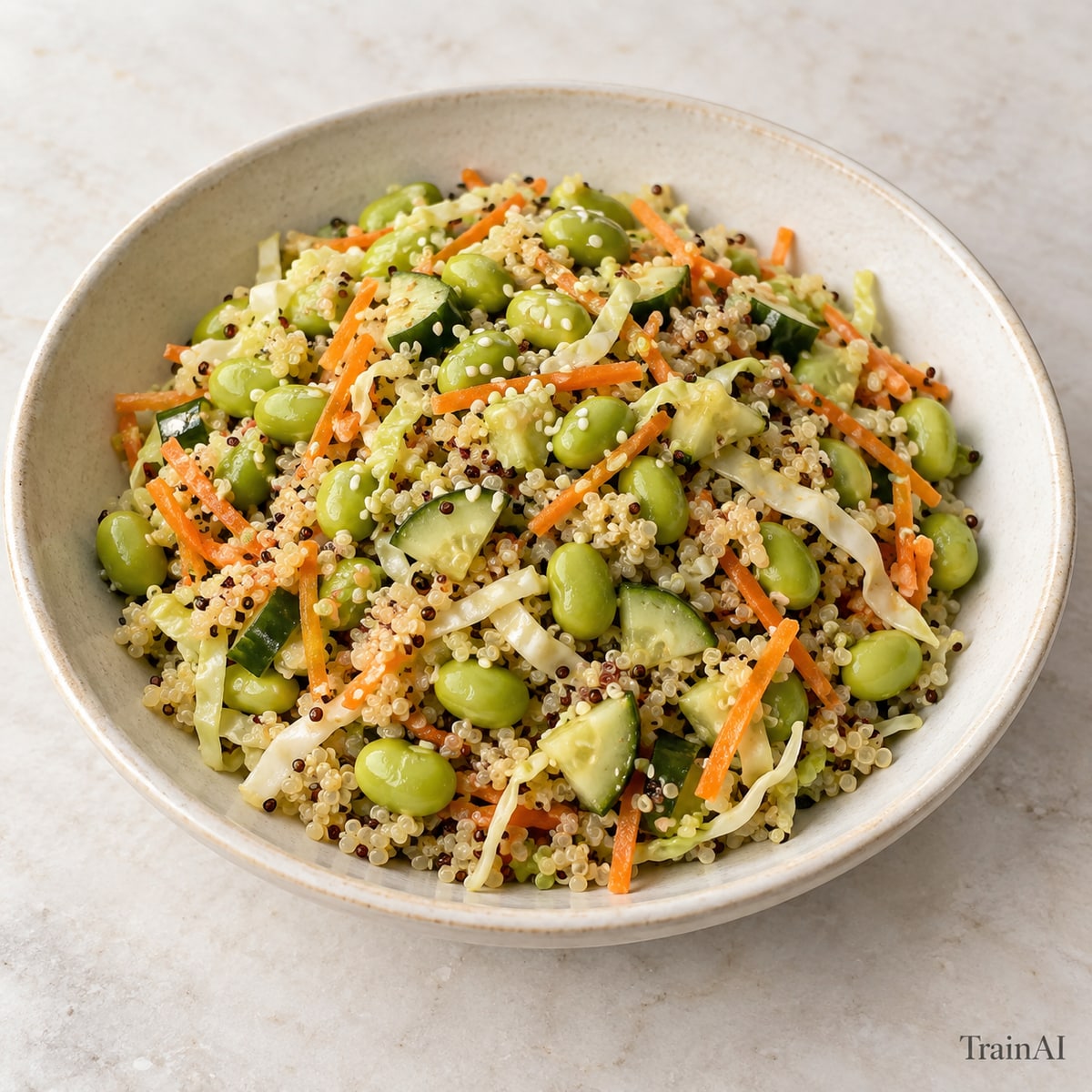 Edamame Quinoa Crunch Salad, prepared and served