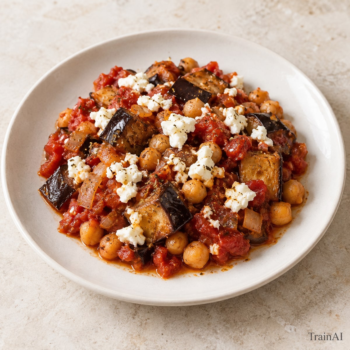 Eggplant Chickpea Tomato Bake, prepared and served