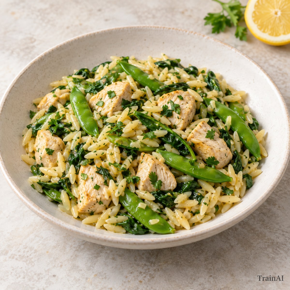 Lemon Chicken Orzo with Peas, prepared and served
