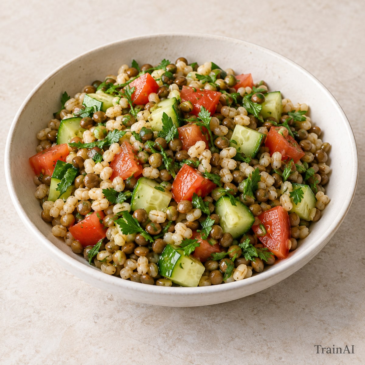 Lemon Lentil Barley Salad, prepared and served