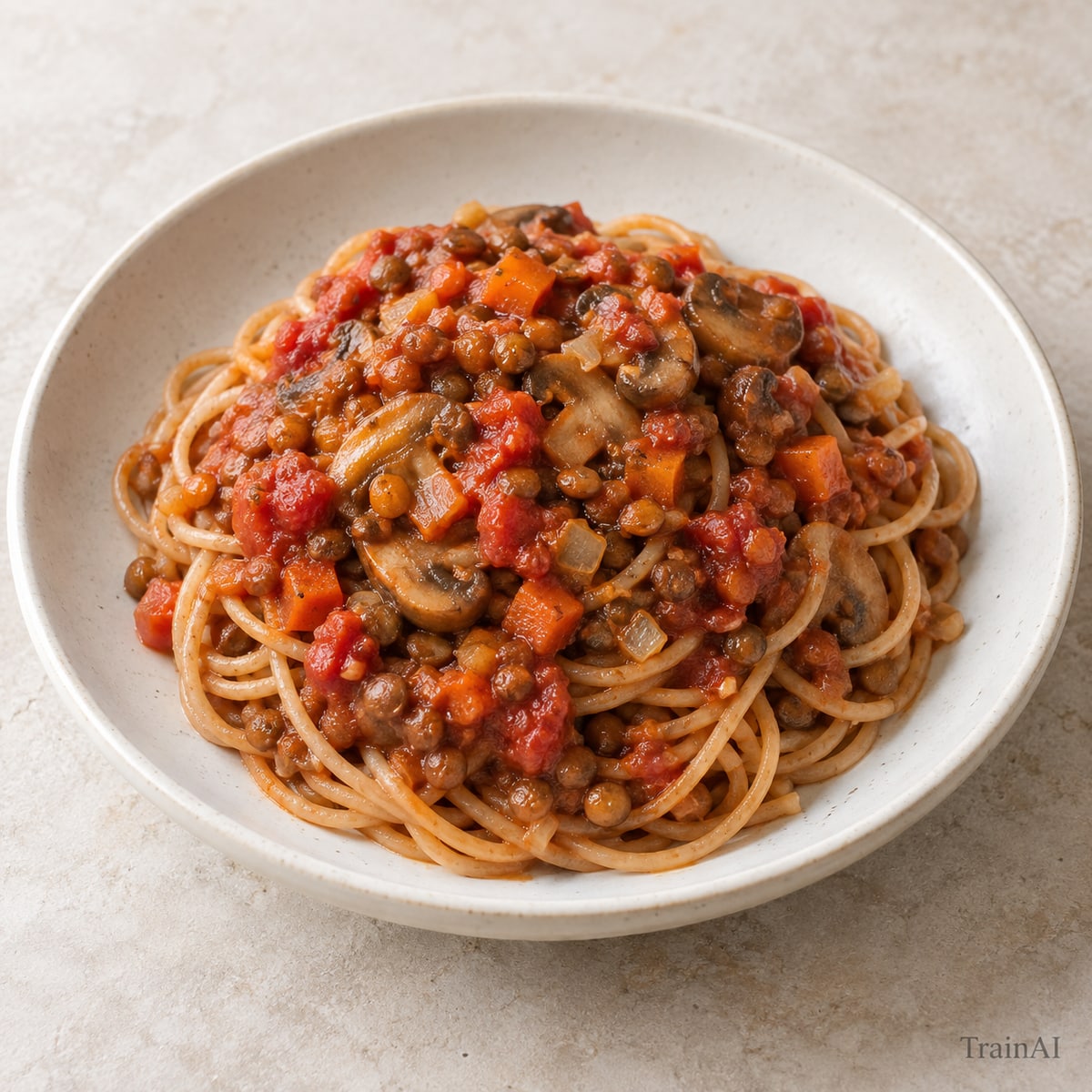 Lentil Mushroom Bolognese, prepared and served