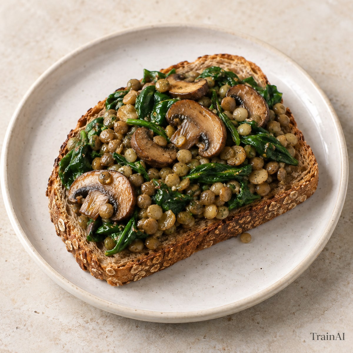 Lentil Mushroom Breakfast Toast, prepared and served