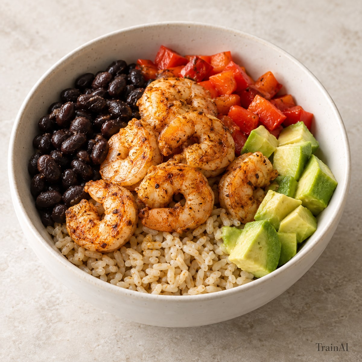 Lime Shrimp Black Bean Bowl, prepared and served