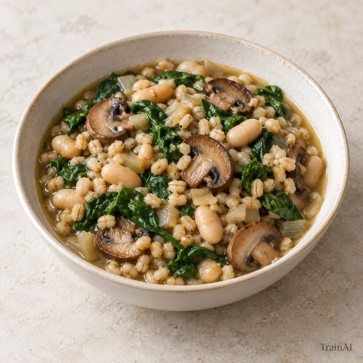Mushroom Barley with White Beans, prepared and served
