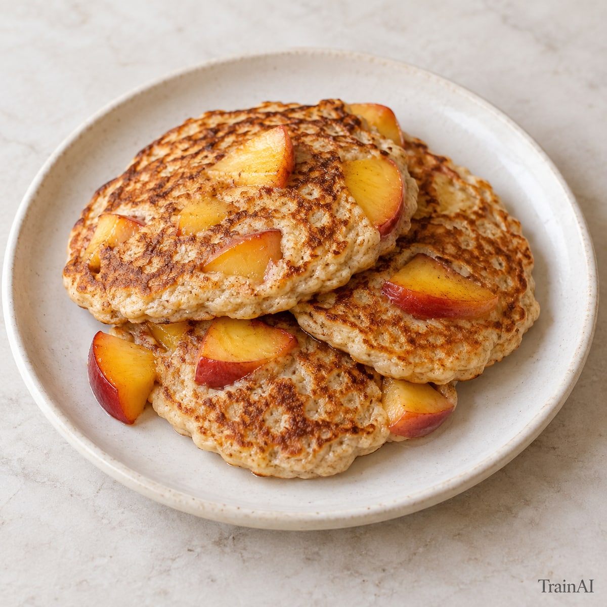 Peach Cottage Cheese Pancakes, prepared and served