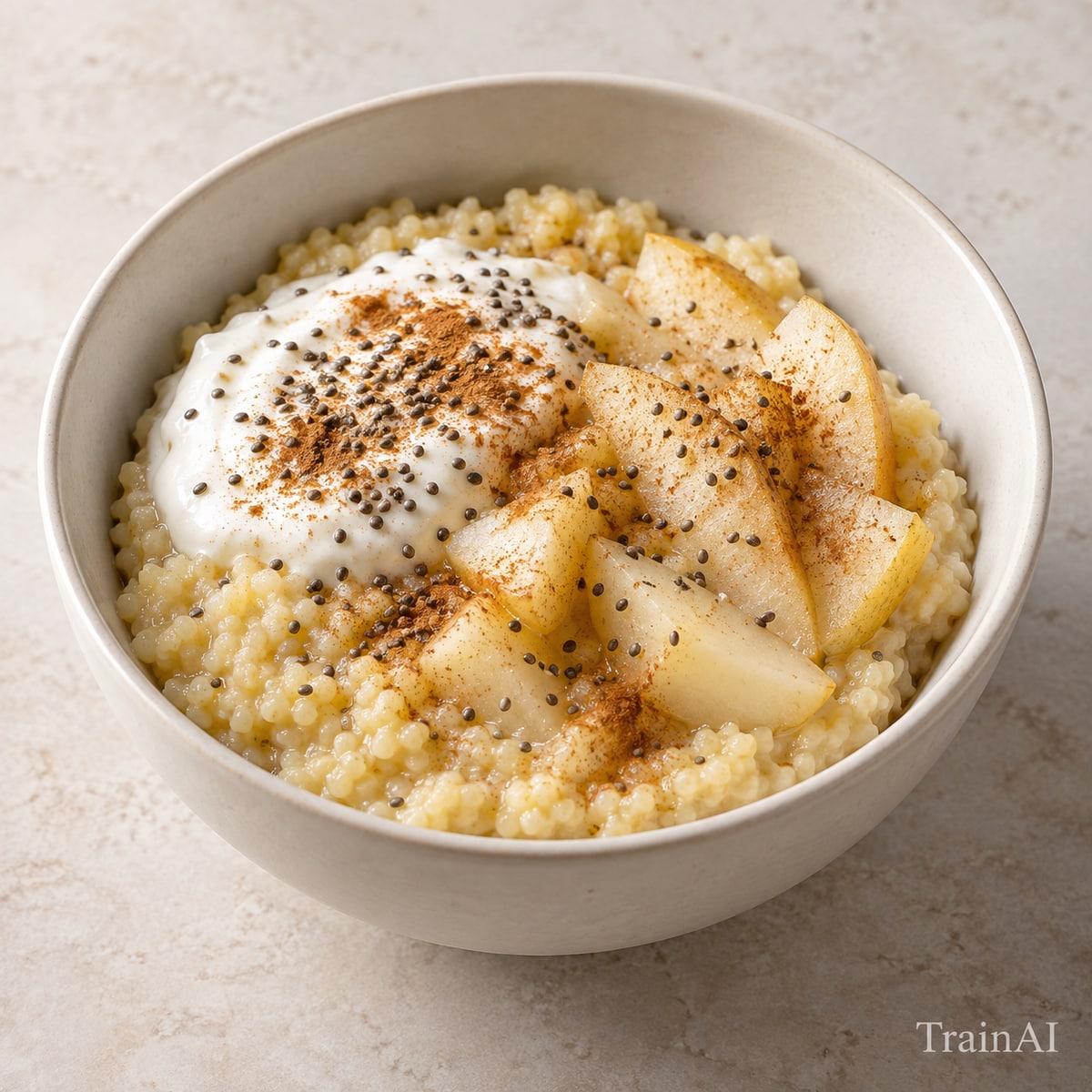 Pear and Millet Breakfast Bowl, prepared and served