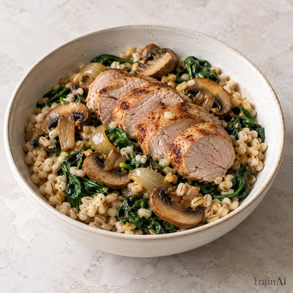 Pork and Mushroom Barley Bowl, prepared and served