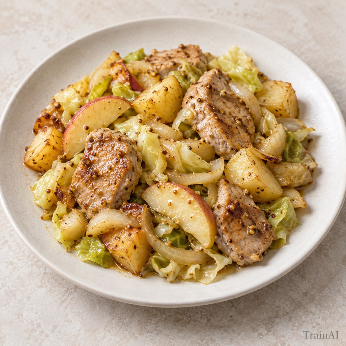 Pork Apple Cabbage Skillet, prepared and served