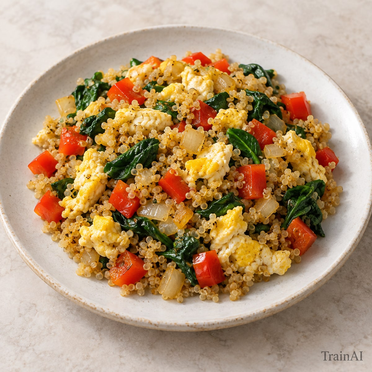 Quinoa and Pepper Breakfast Skillet, prepared and served