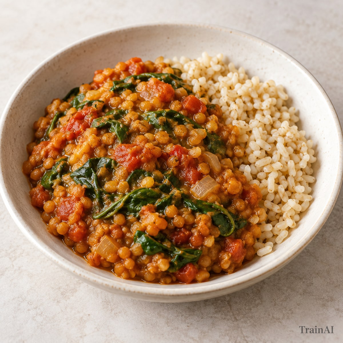 Red Lentil Dal with Brown Rice, prepared and served