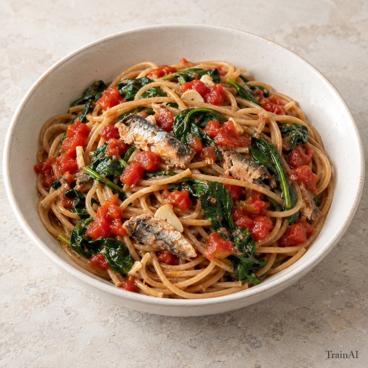 Sardine Tomato Whole-Wheat Pasta, prepared and served