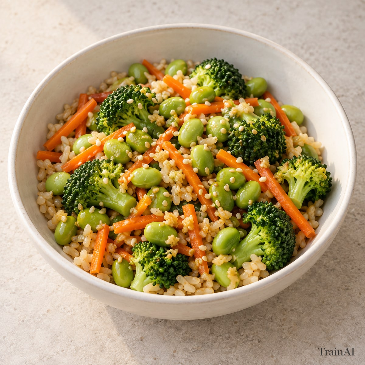 Sesame Edamame Brown Rice Bowl, prepared and served