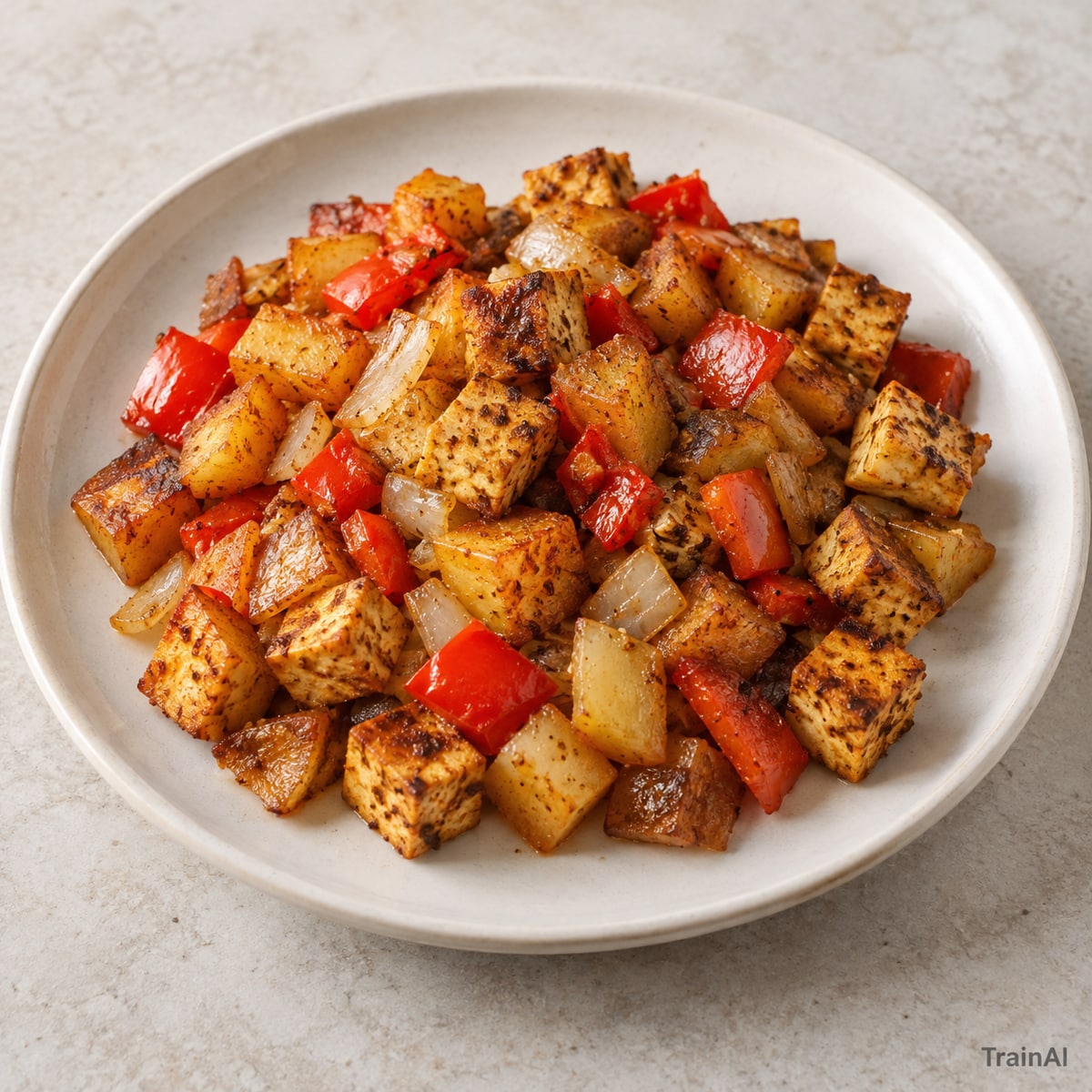 Smoky Tofu and Potato Breakfast Hash, prepared and served