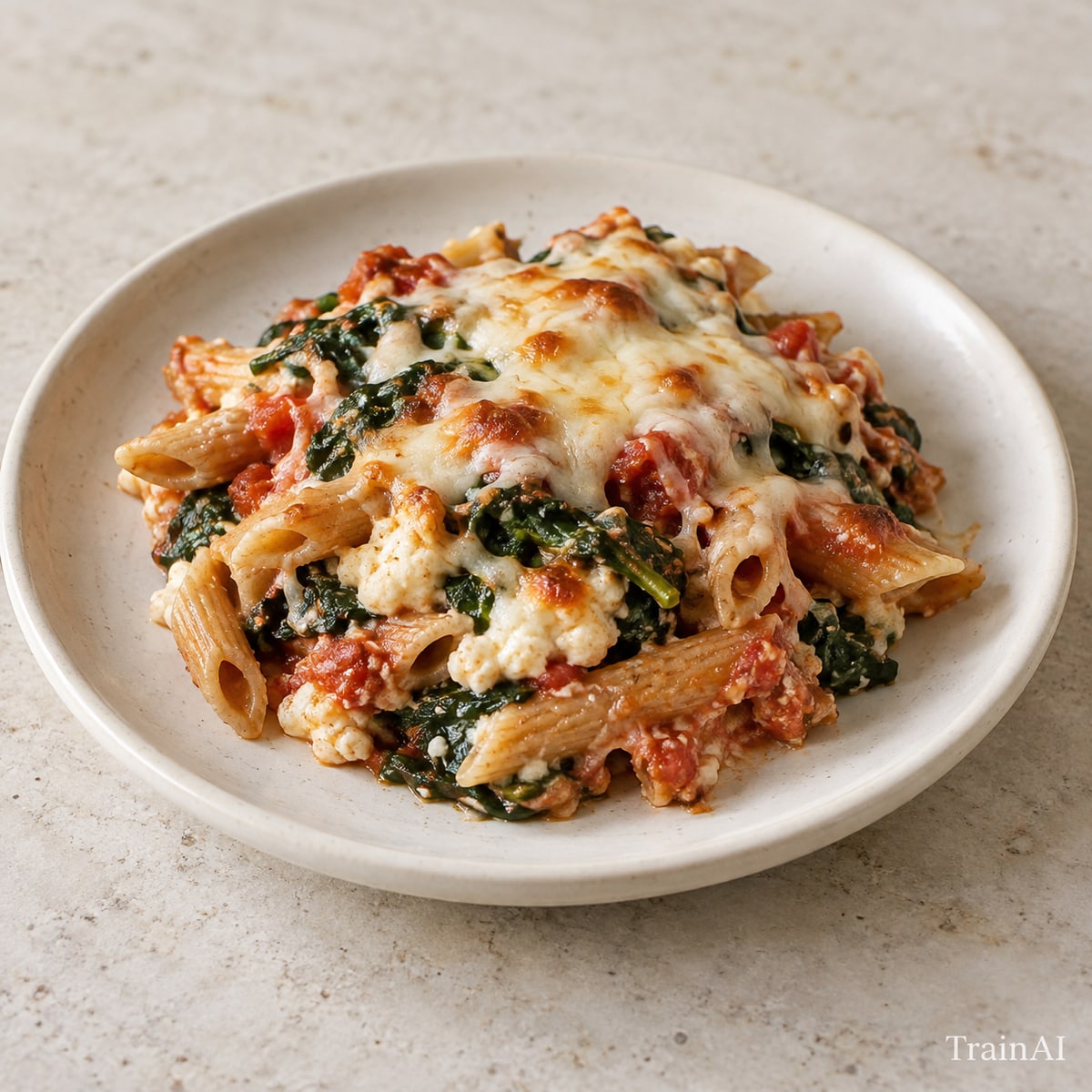 Spinach Cottage Cheese Pasta Bake, prepared and served