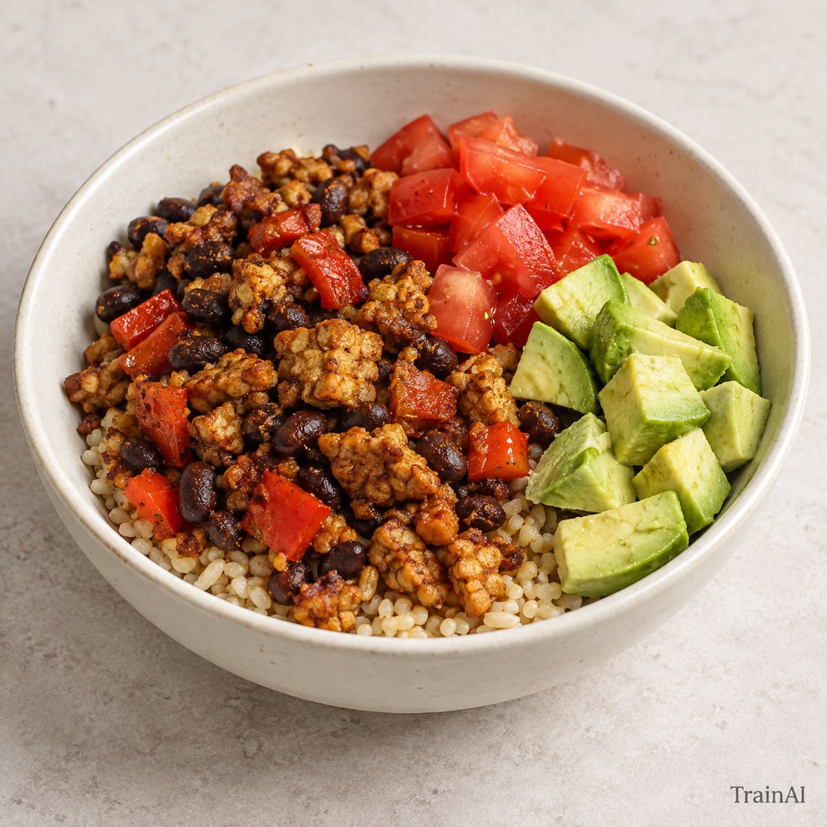 Tempeh Black Bean Taco Bowl, prepared and served