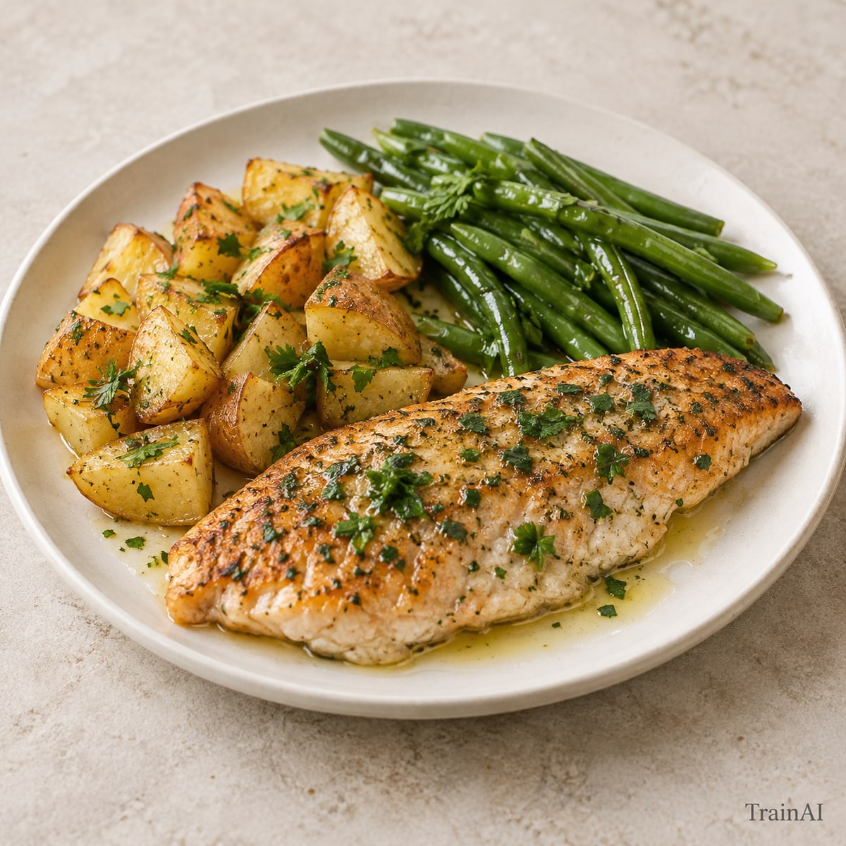 Trout with Potatoes and Green Beans, prepared and served
