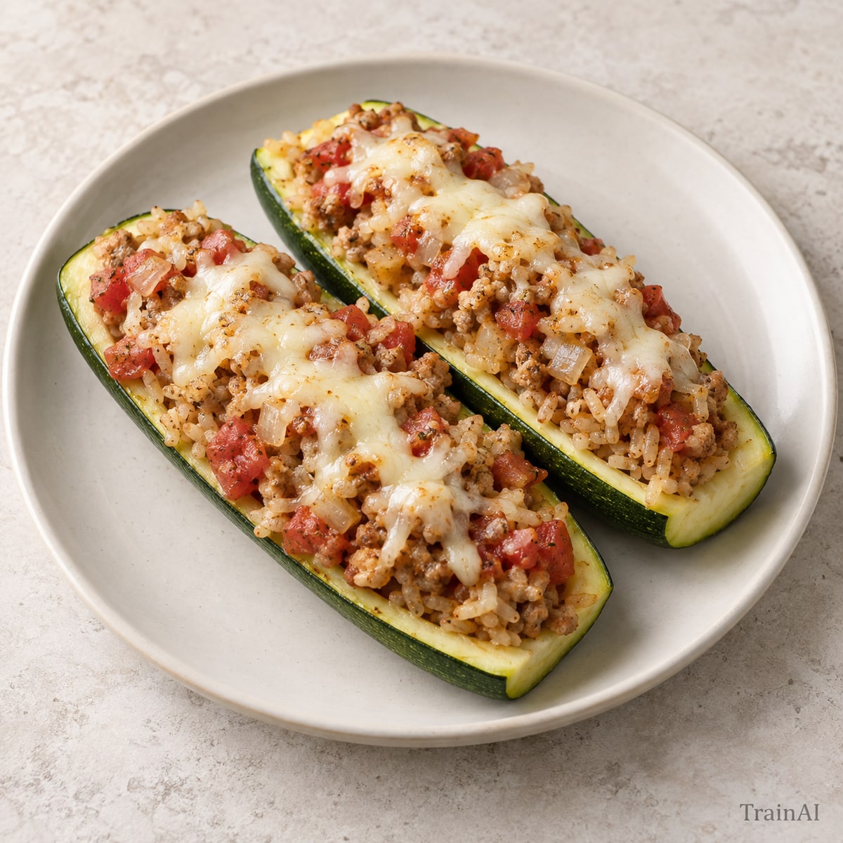 Turkey-Stuffed Zucchini Boats, prepared and served