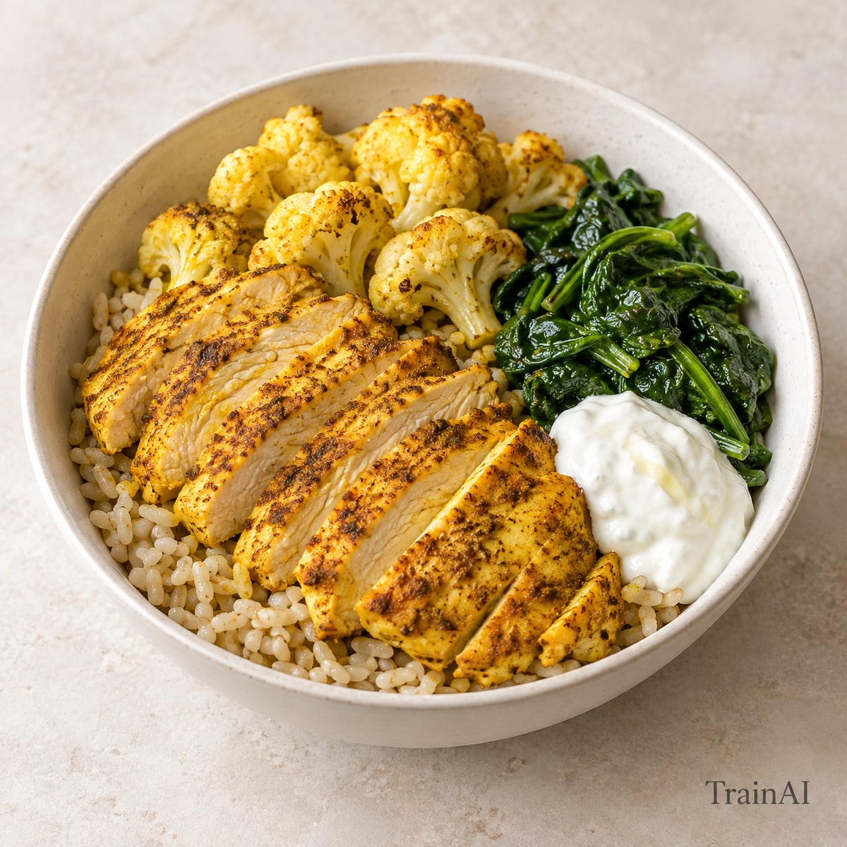 Turmeric Chicken Brown Rice Bowl, prepared and served