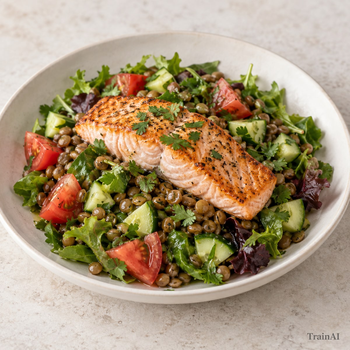 Warm Salmon Lentil Salad, prepared and served