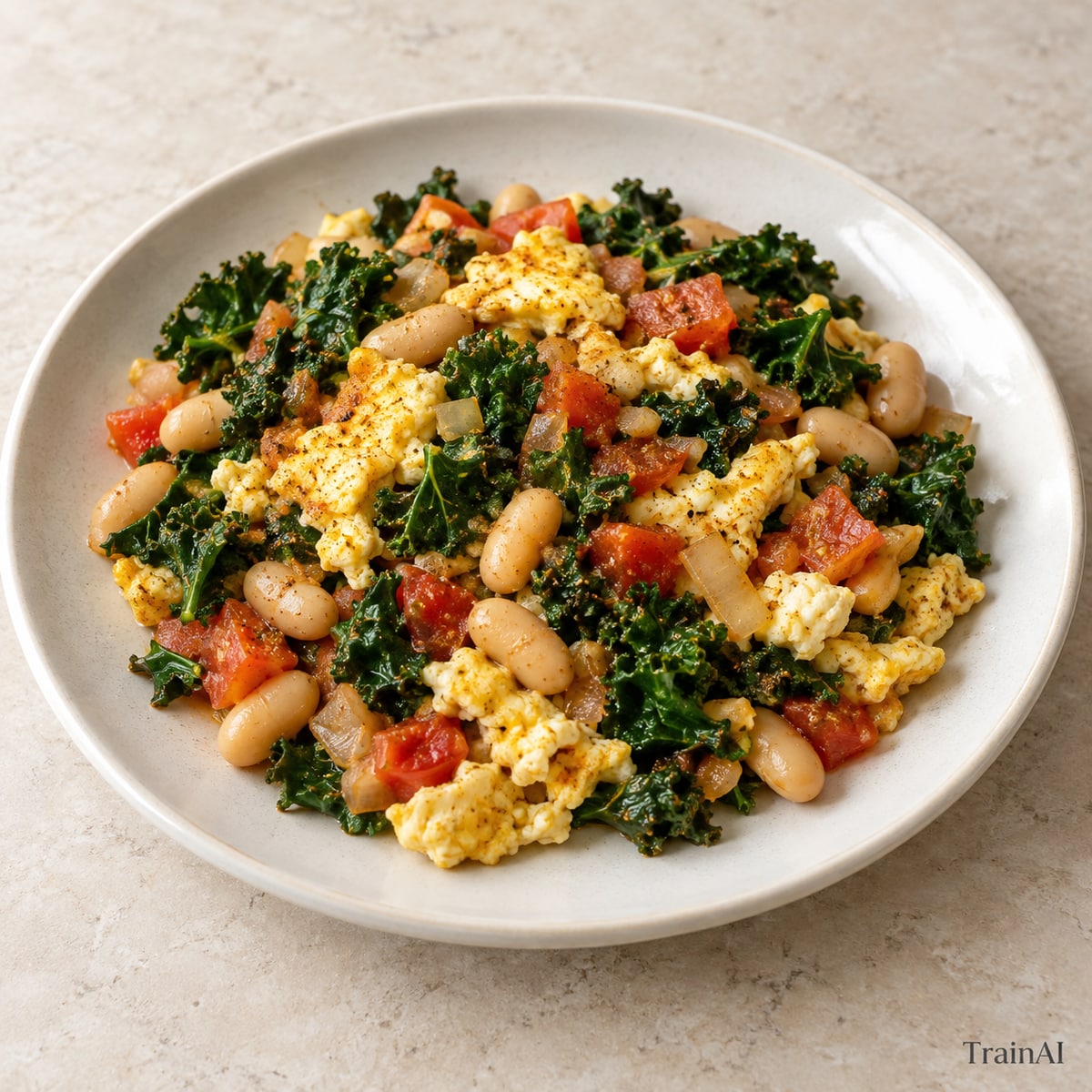 White Bean and Kale Breakfast Eggs, prepared and served